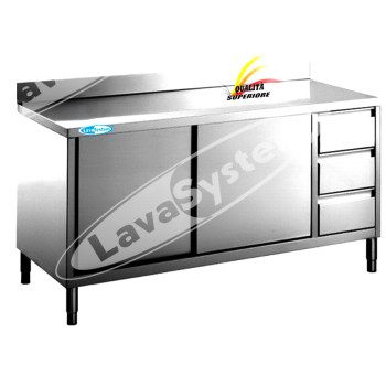 Tavolo Inox Armadiato con Alzatina e Cassettiera cm 180x60x85
